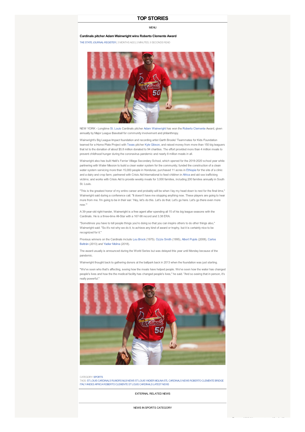 Cardinals Pitcher Adam Wainwright Wins Roberto Clemente Award