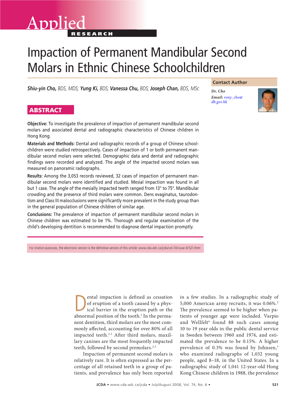 Impaction of Permanent Mandibular Second Molars in Ethnic Chinese Schoolchildren