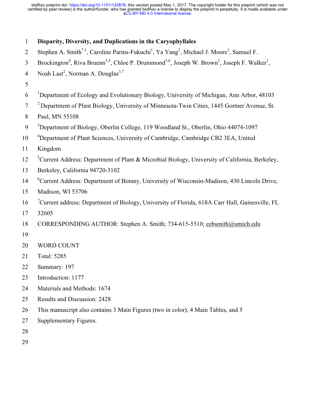 Disparity, Diversity, and Duplications in the Caryophyllales 2 Stephen A