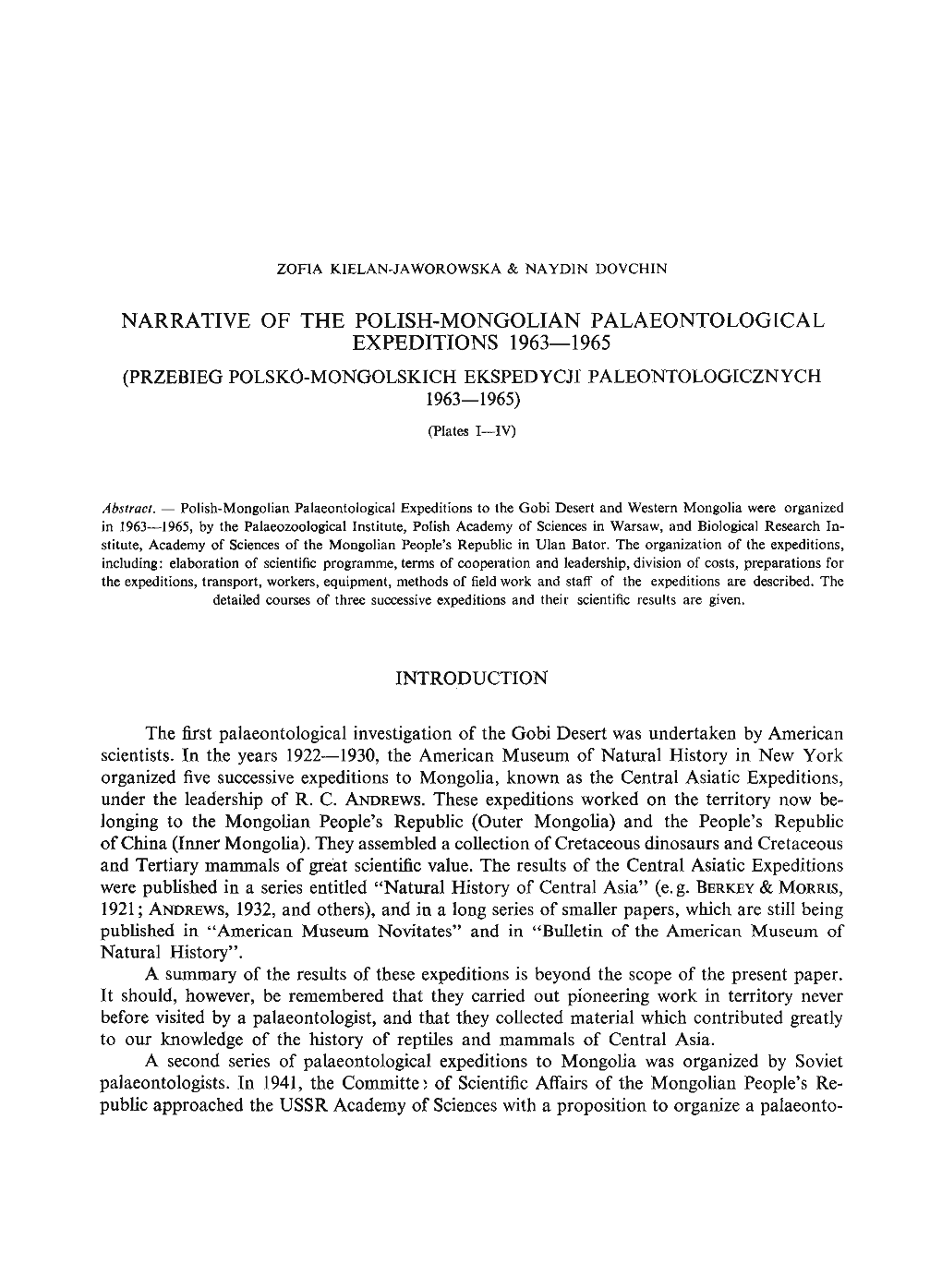 NARRATIVE of the POLISH-MONGOLIAN Palaeontologlcal EXPEDITIONS 1963-1965 (PRZEBIEG POLSKO-MONGOLSKICH EKSPEDYCJI PALEONTOLOGICZNYCH 1963-1965) (Plates I-IV)