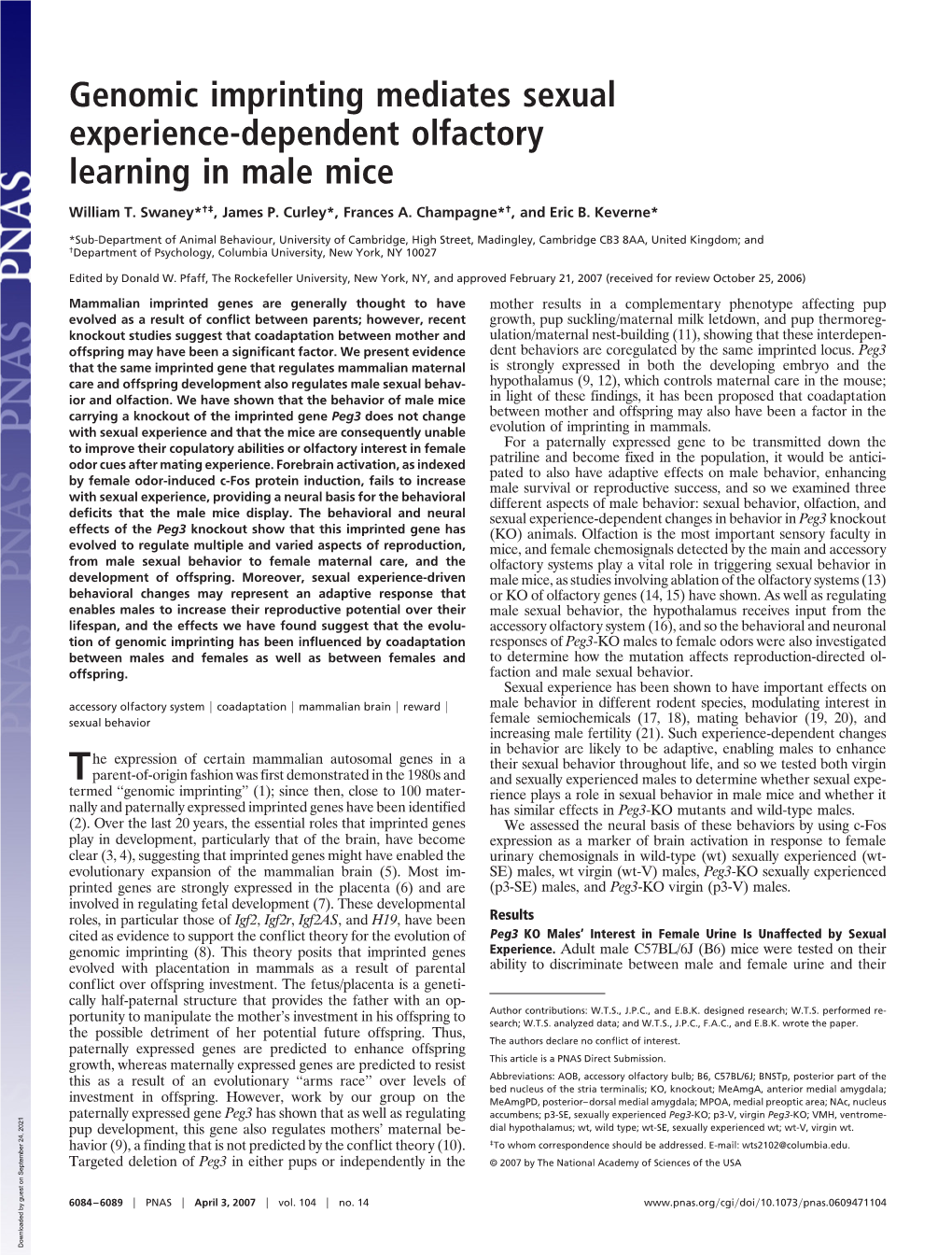 Genomic Imprinting Mediates Sexual Experience-Dependent Olfactory Learning in Male Mice