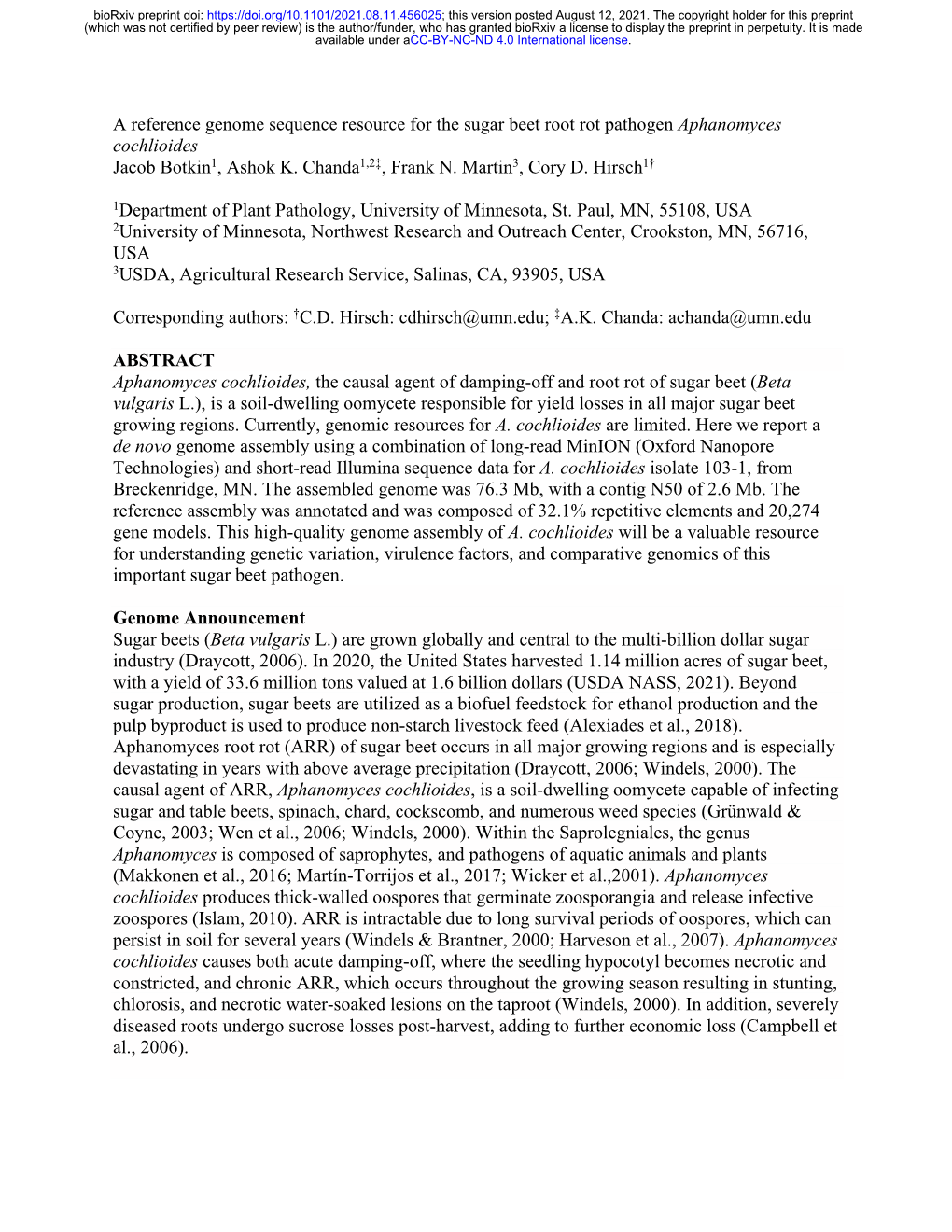 A Reference Genome Sequence Resource for the Sugar Beet Root Rot Pathogen Aphanomyces Cochlioides Jacob Botkin1, Ashok K