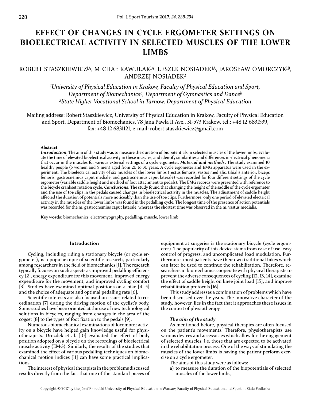 Effect of Changes in Cycle Ergometer Settings on Bioelectrical Activity in Selected Muscles of the Lower Limbs