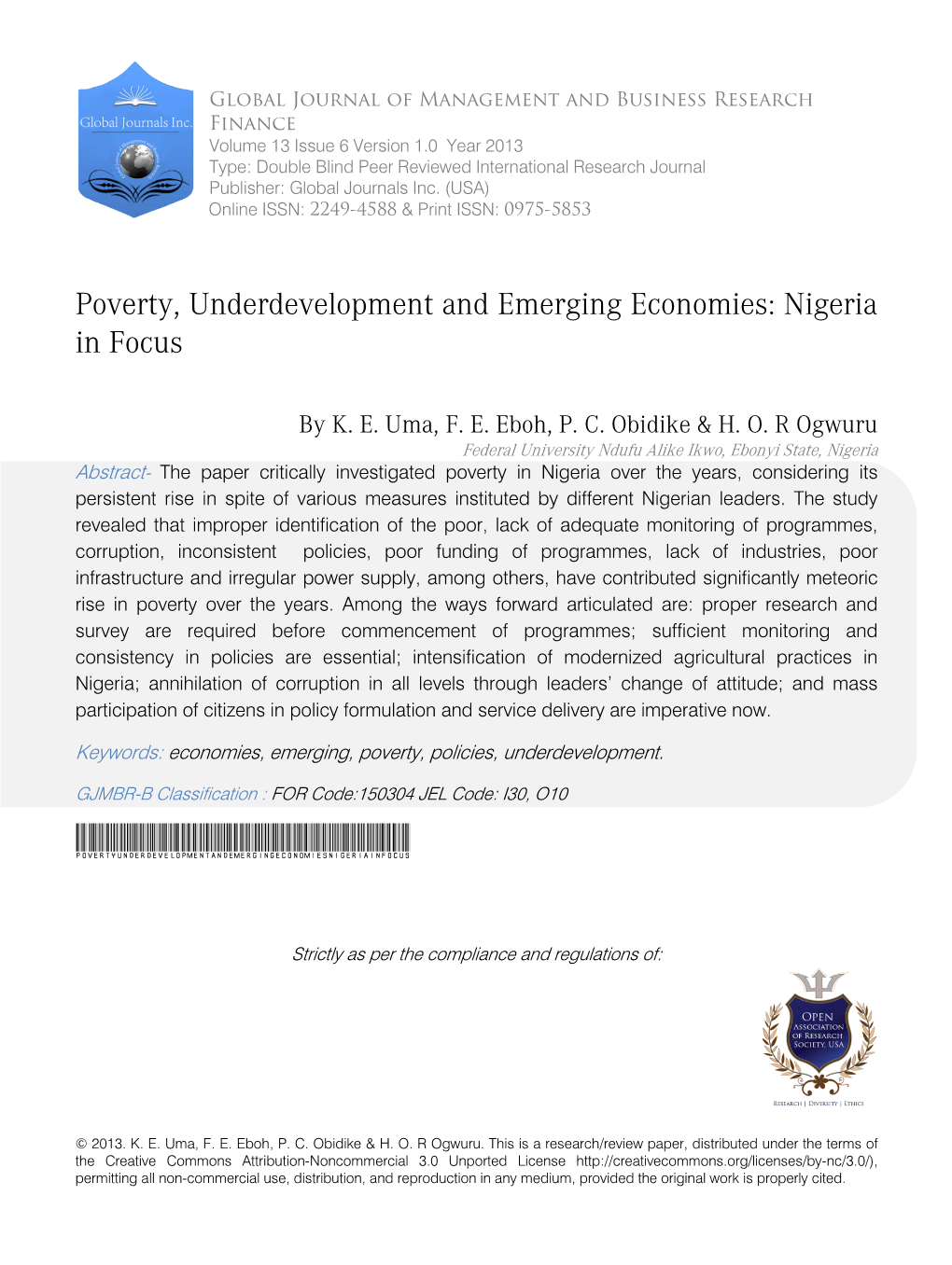 Poverty, Underdevelopment and Emerging Economies: Nigeriain Focus