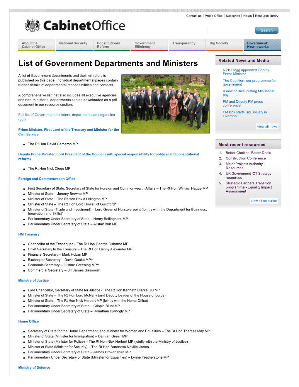 List of Government Departments and Ministers