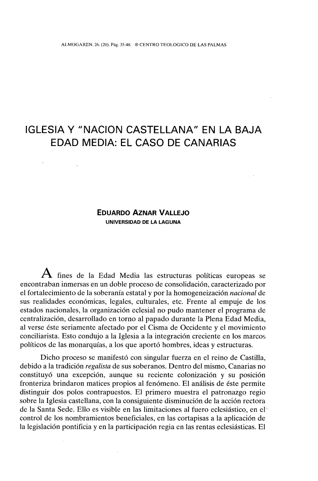 Iglesia Y /Jnacion Castellana" En La Baja Edad Media: El Caso De Canarias