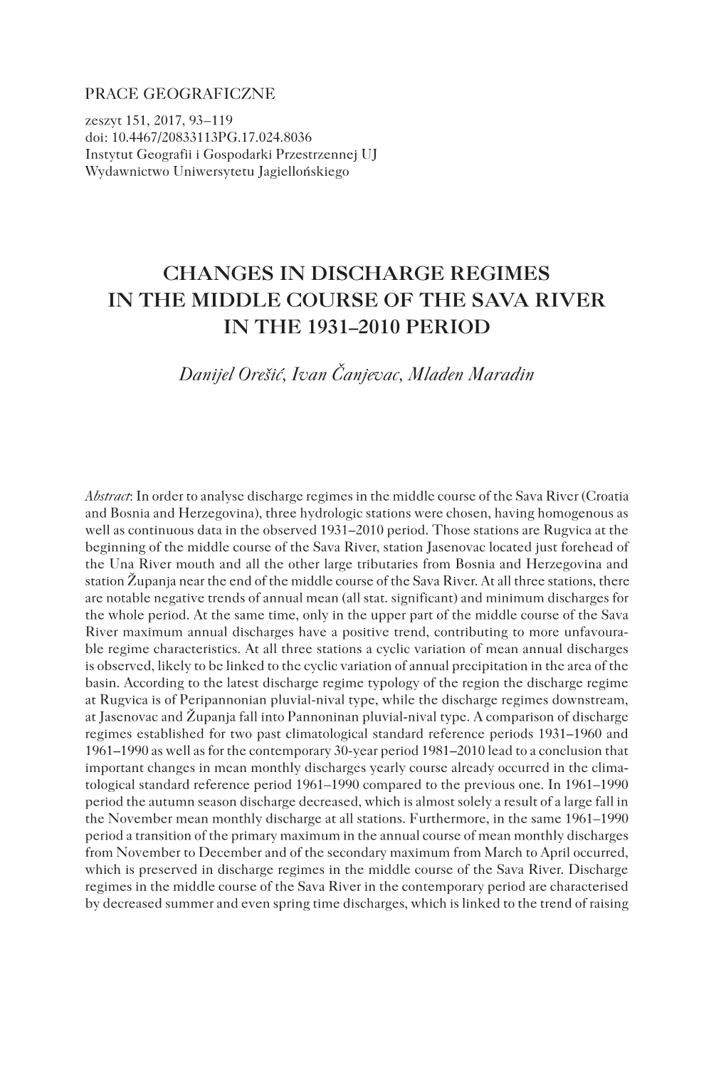 Changes in Discharge Regimes in the Middle Course of the Sava River in the 1931–2010 Period