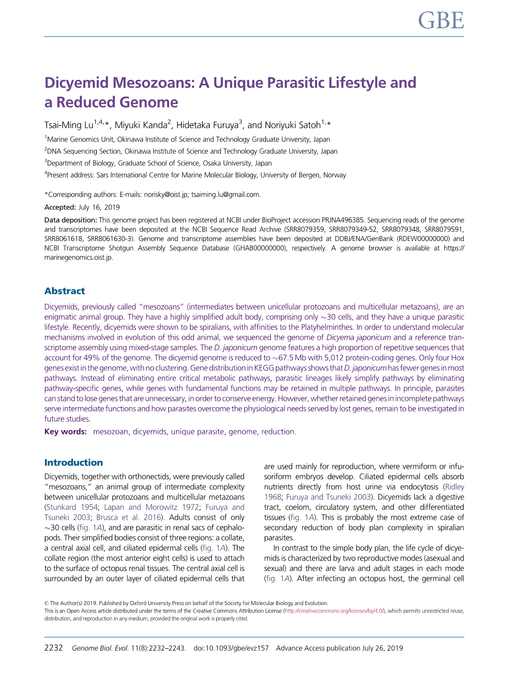 Dicyemid Mesozoans: a Unique Parasitic Lifestyle and a Reduced Genome