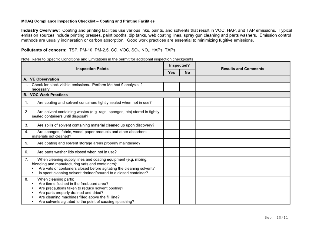 MCAQ Compliance Inspection Checklist Coating and Printing Facilities