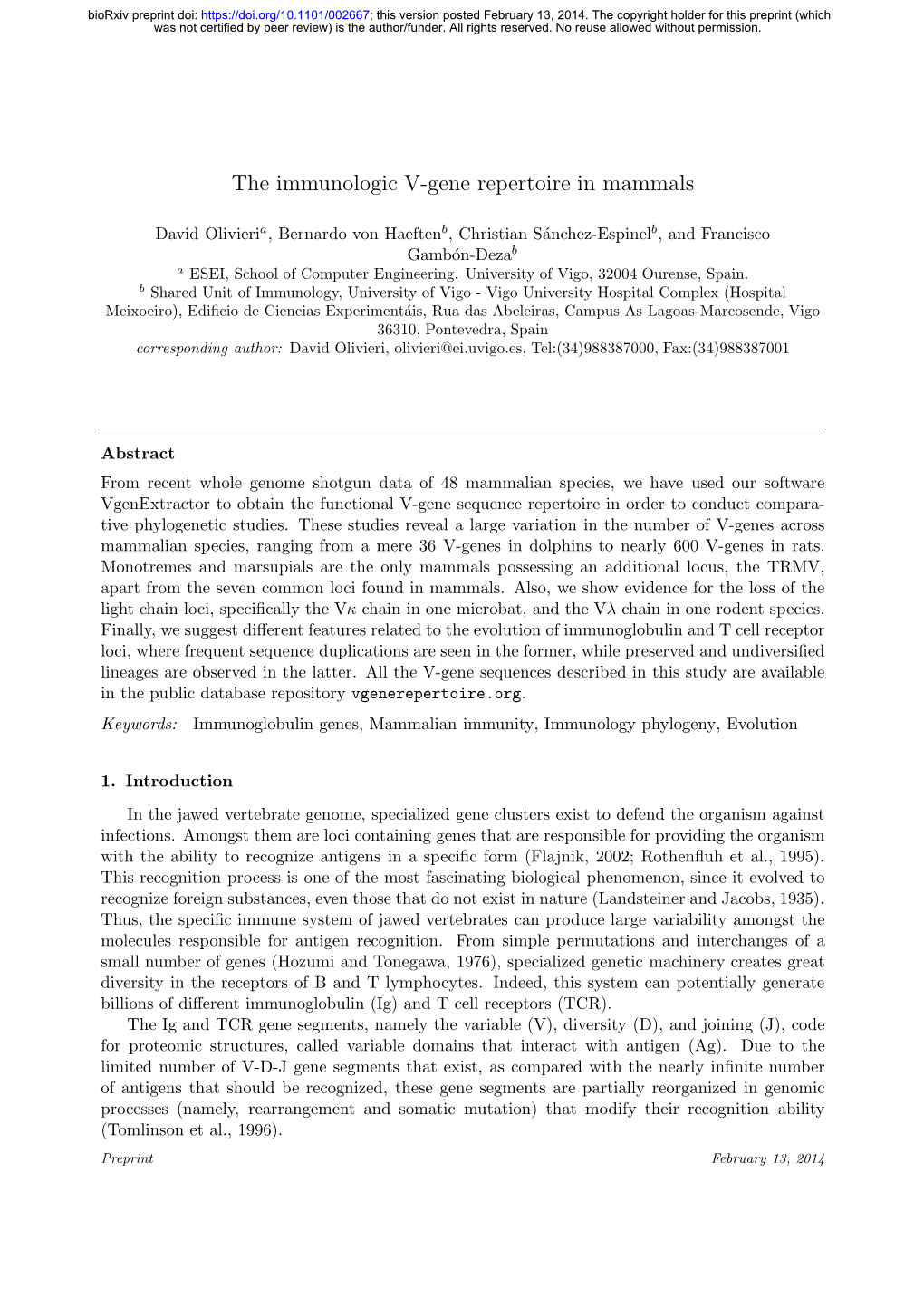 The Immunologic V-Gene Repertoire in Mammals