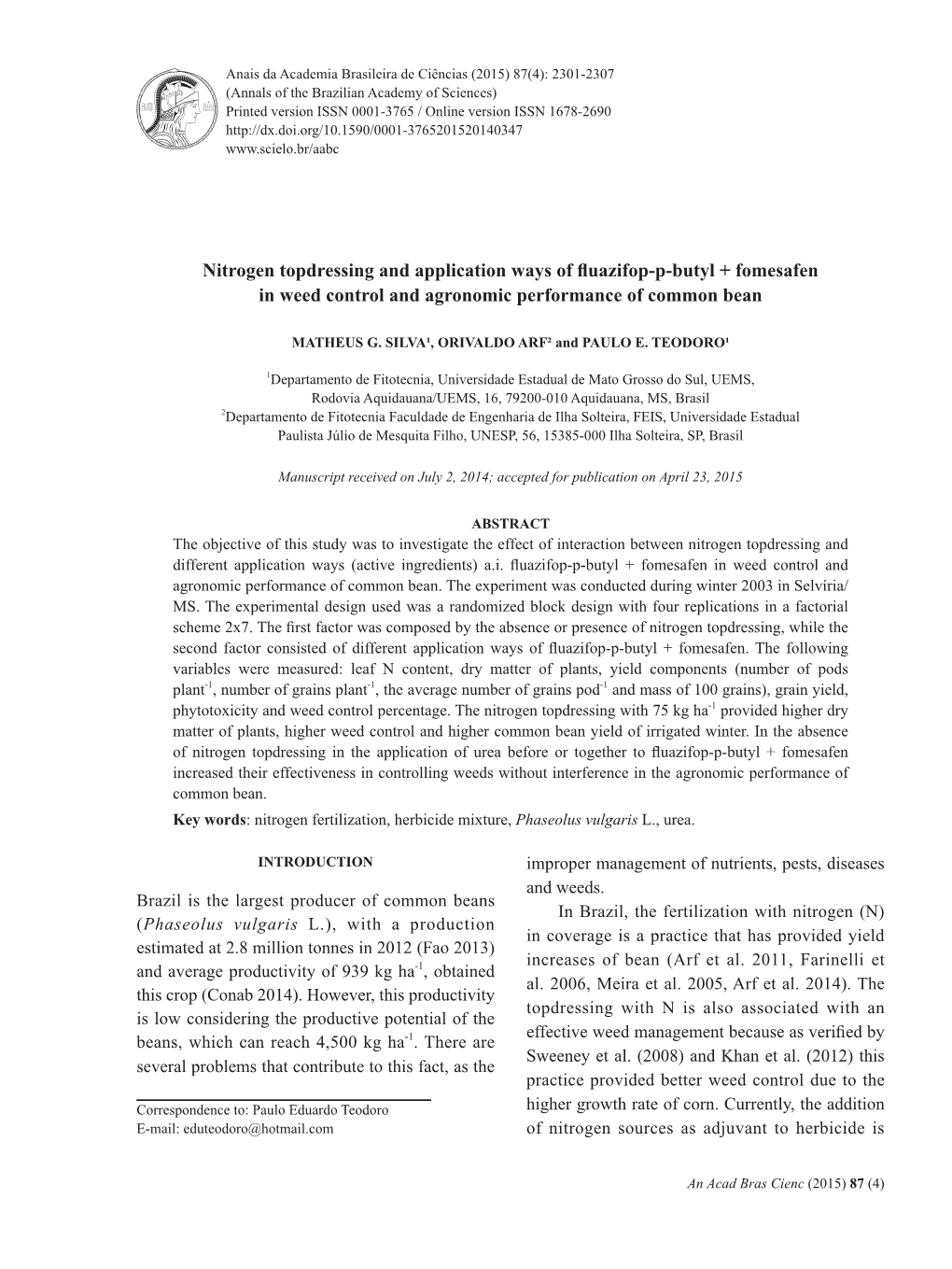 Nitrogen Topdressing and Application Ways of Fluazifop-P-Butyl + Fomesafen in Weed Control and Agronomic Performance of Common Bean