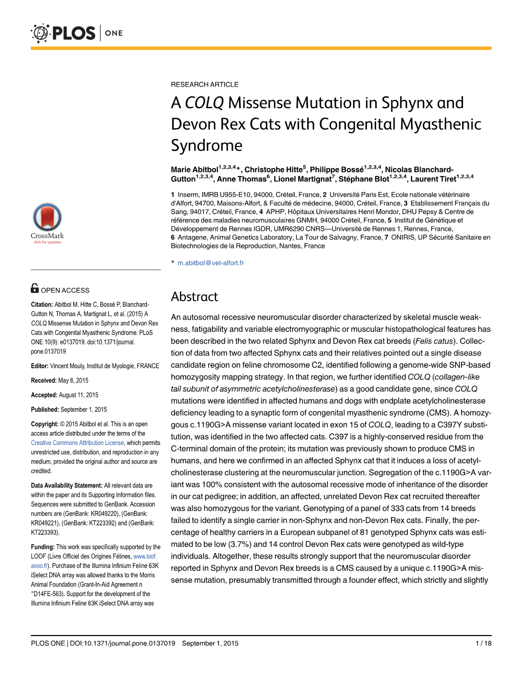 A COLQ Missense Mutation in Sphynx and Devon Rex Cats with Congenital Myasthenic Syndrome