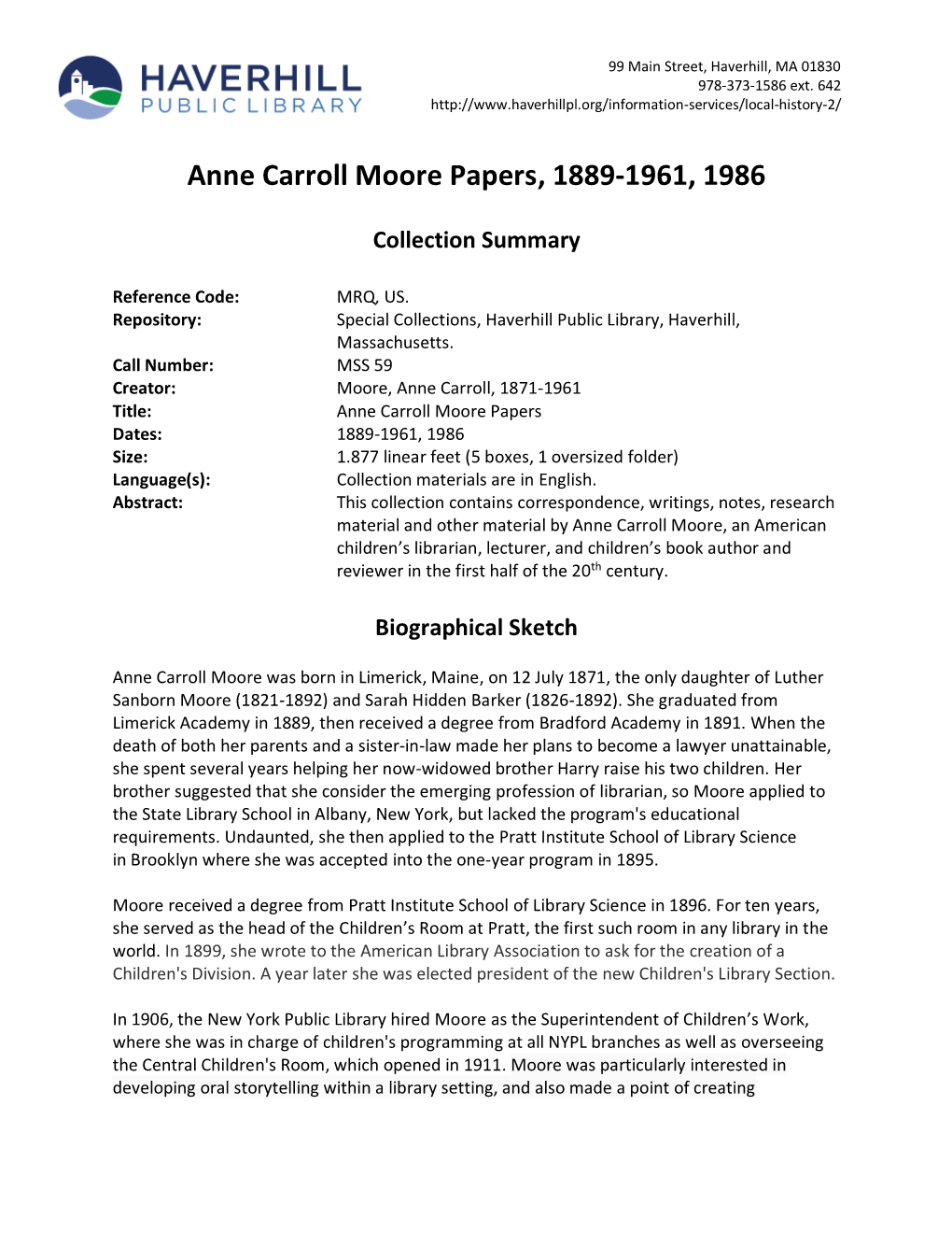 Anne Carroll Moore Papers, 1889-1961, 1986