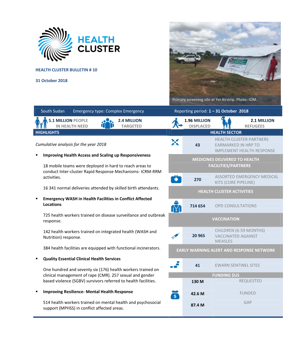 HEALTH CLUSTER BULLETIN # 10 31 October 2018 South Sudan