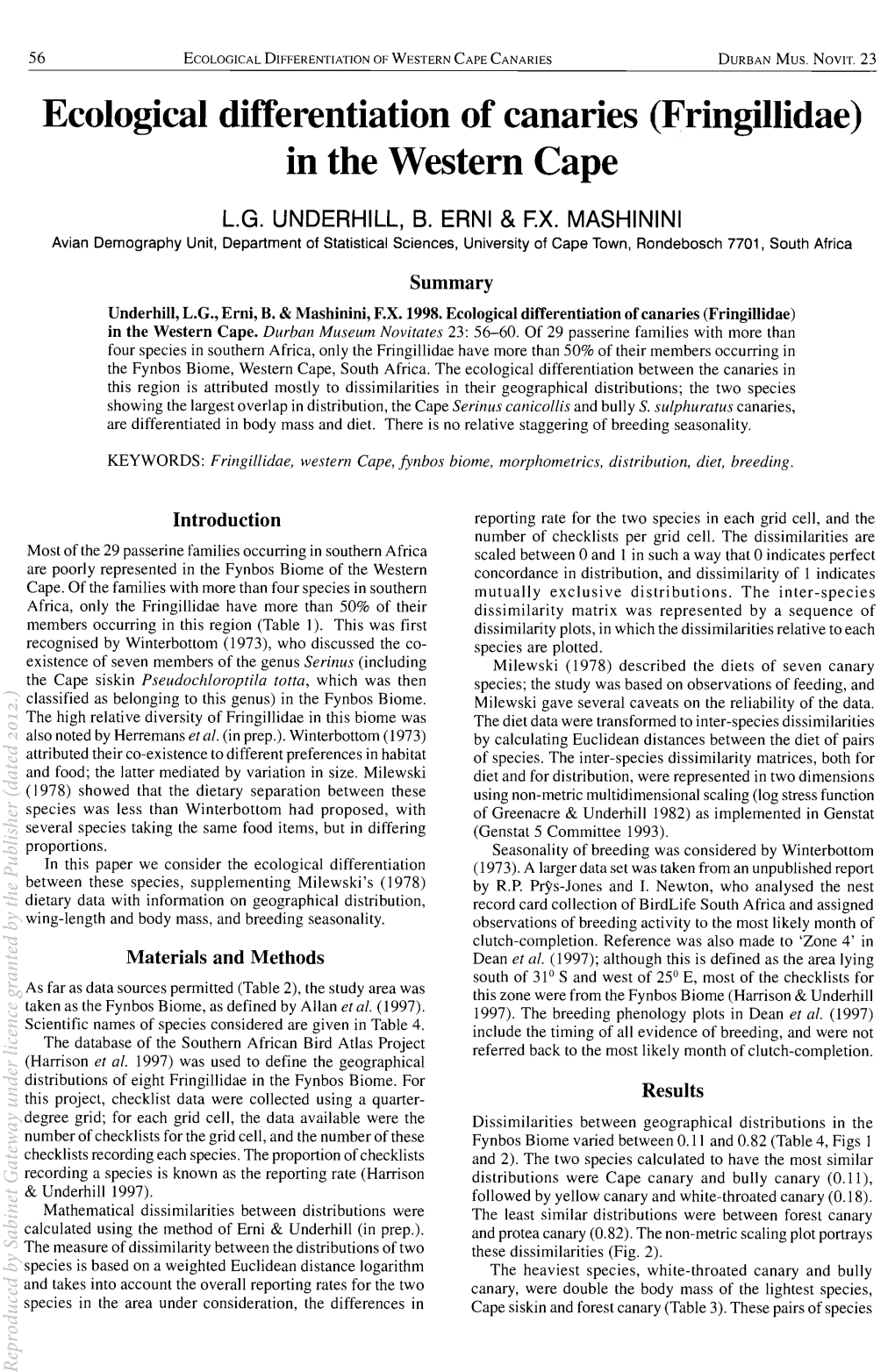 Ecological Differentiation of Canaries (Fringillidae) in the Western Cape