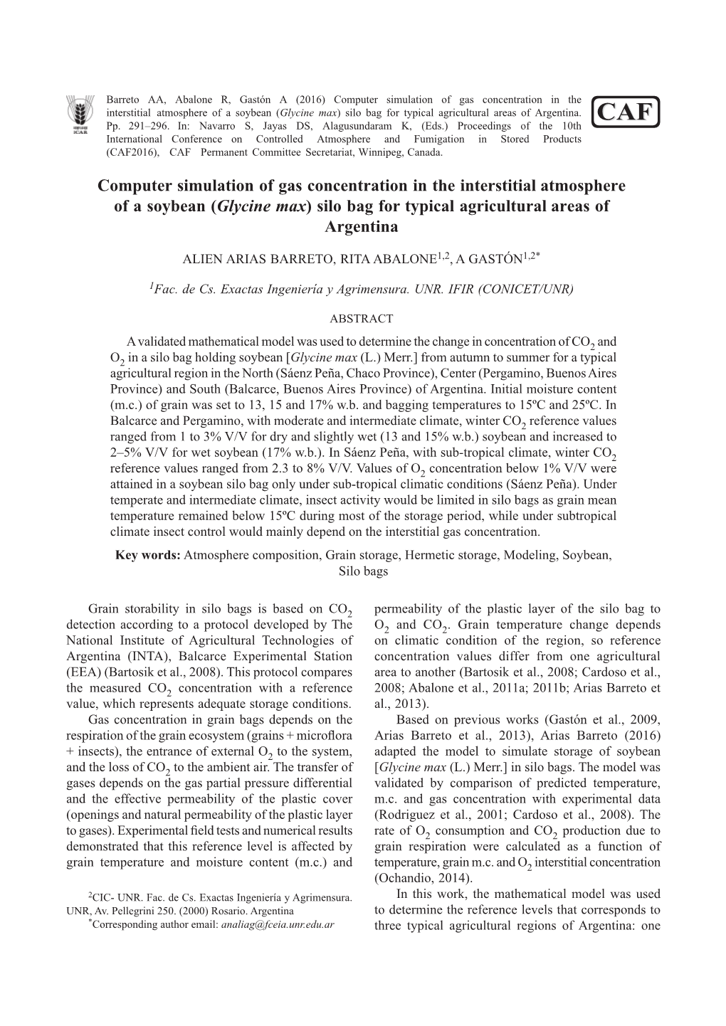 Computer Simulation of Gas Concentration in the Interstitial Atmosphere of a Soybean (Glycine Max) Silo Bag for Typical Agricultural Areas of Argentina