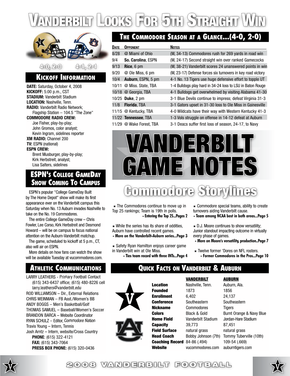 VANDERBILT Game Notes Vanderbilt Enter S to P 25 Nati O Nal Po Ll S