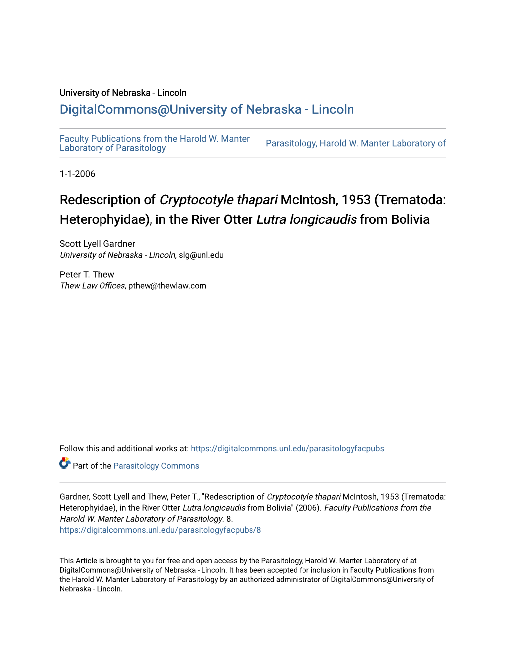 Redescription of &lt;I&gt;Cryptocotyle Thapari&lt;/I&gt; Mcintosh, 1953