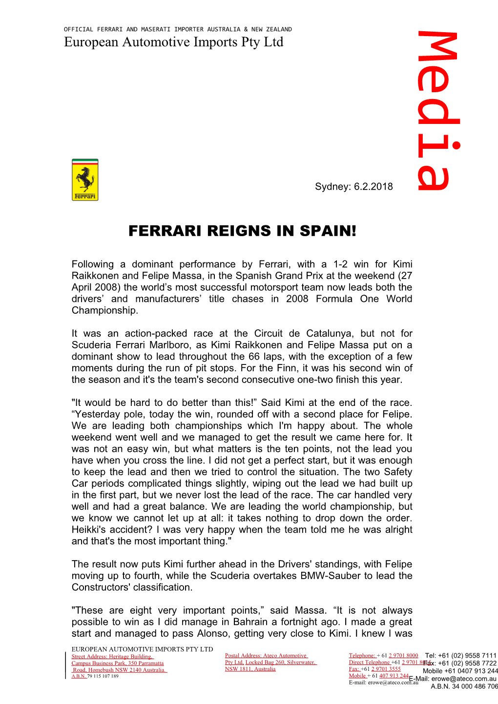 Ferrari Reigns in Spain!