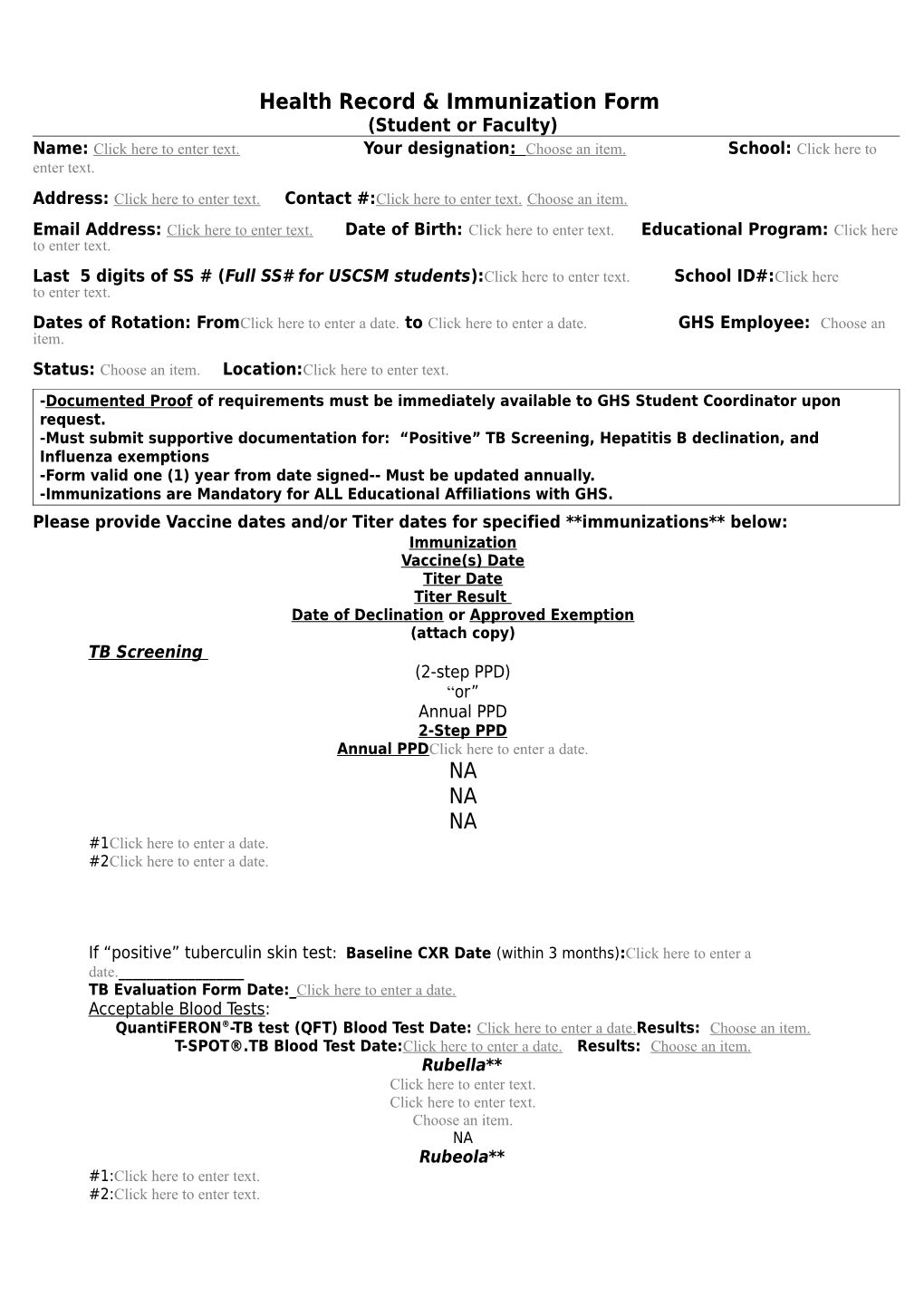 Health Record & Immunization Form