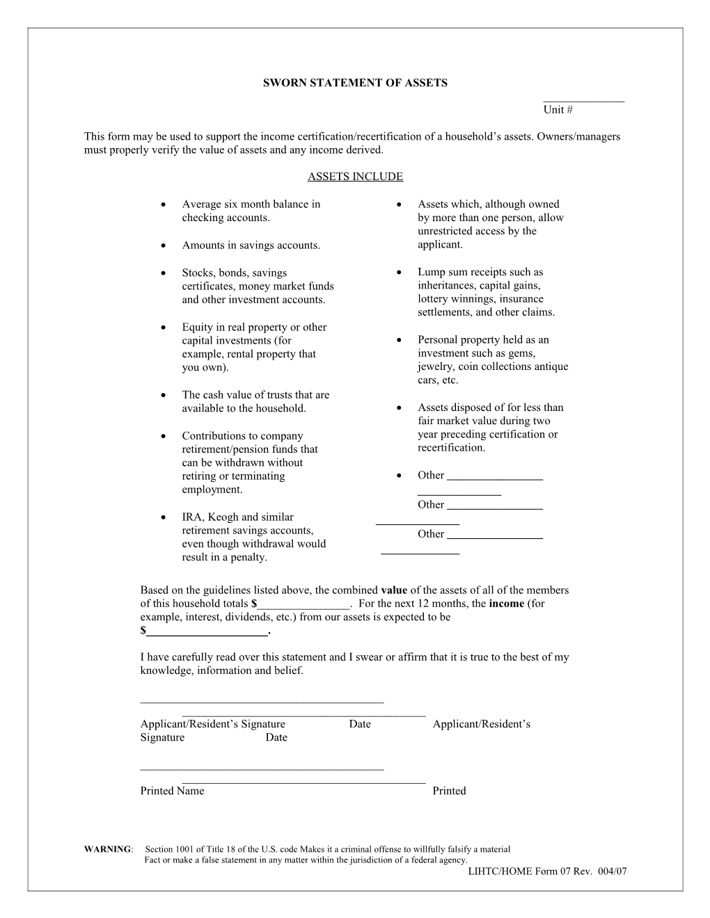 Sworn Statement of Assets