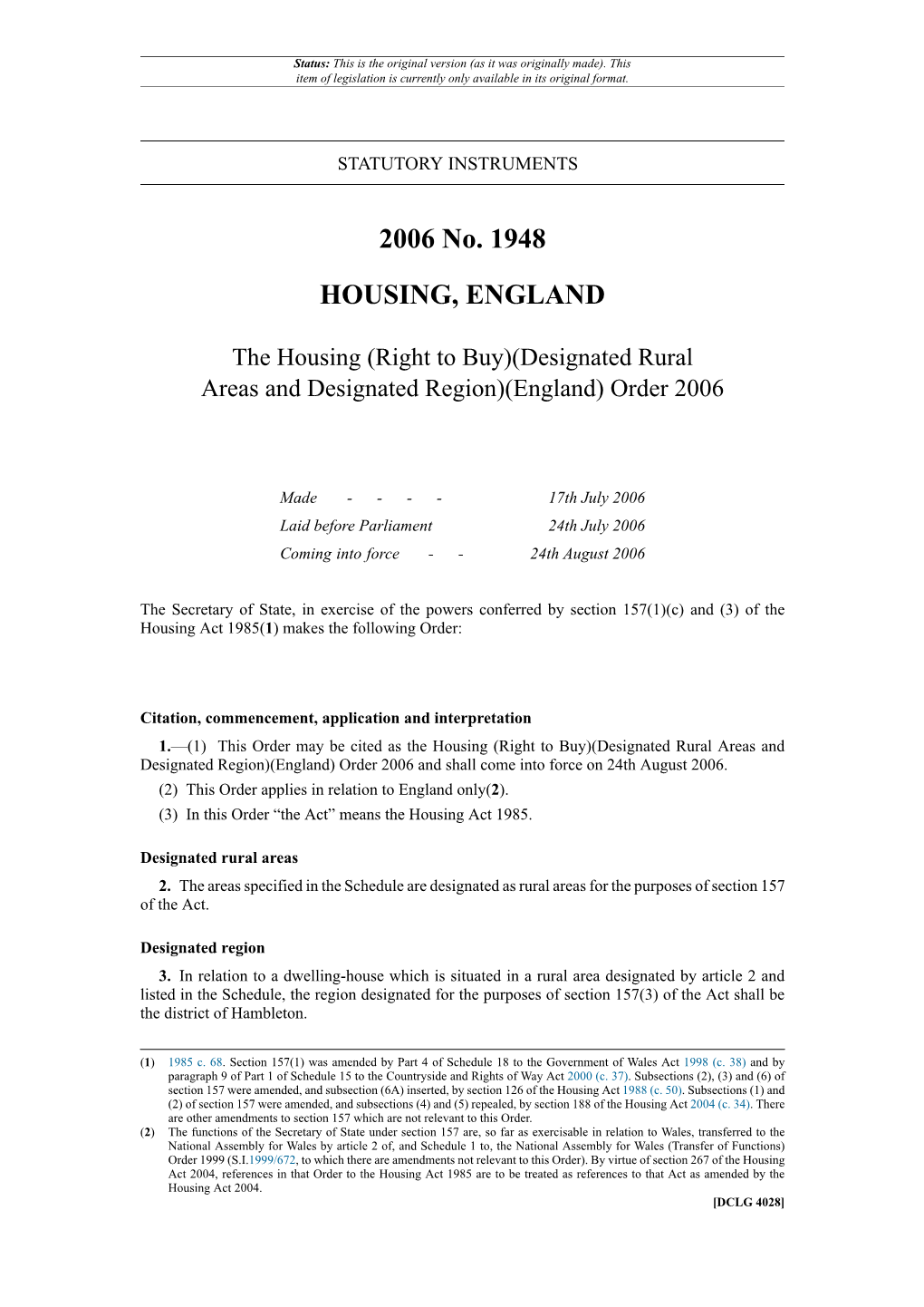 Designated Rural Areas and Designated Region)(England) Order 2006