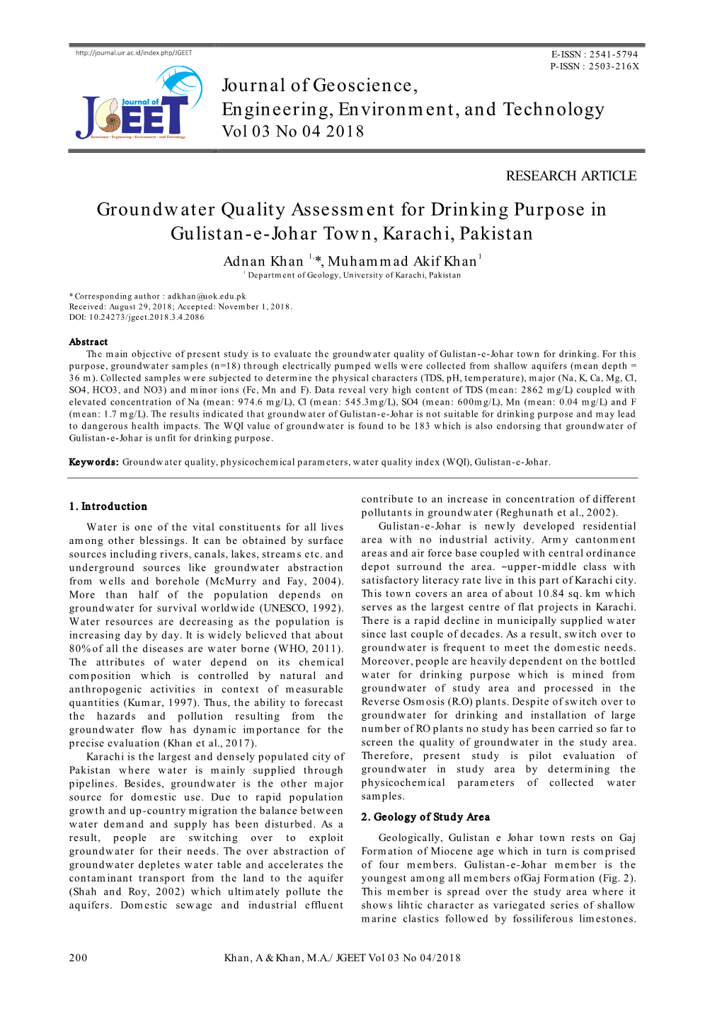 Journal of Geoscience, Engineering, Environment, and Technology Groundwater Quality Assessment for Drinking Purpose in Gulistan