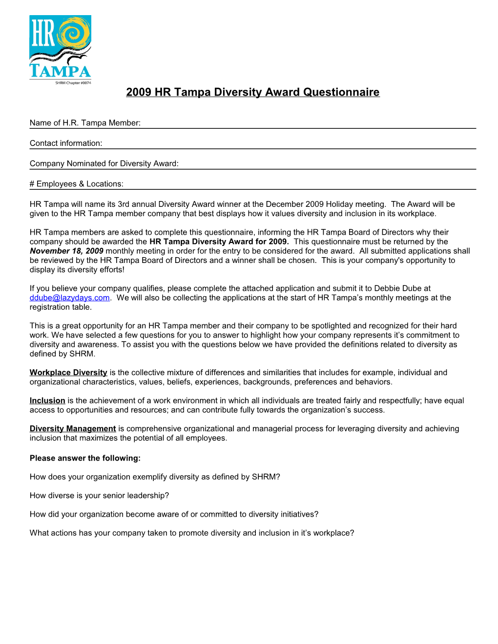 Hr Tampa Diversity Award Questionare