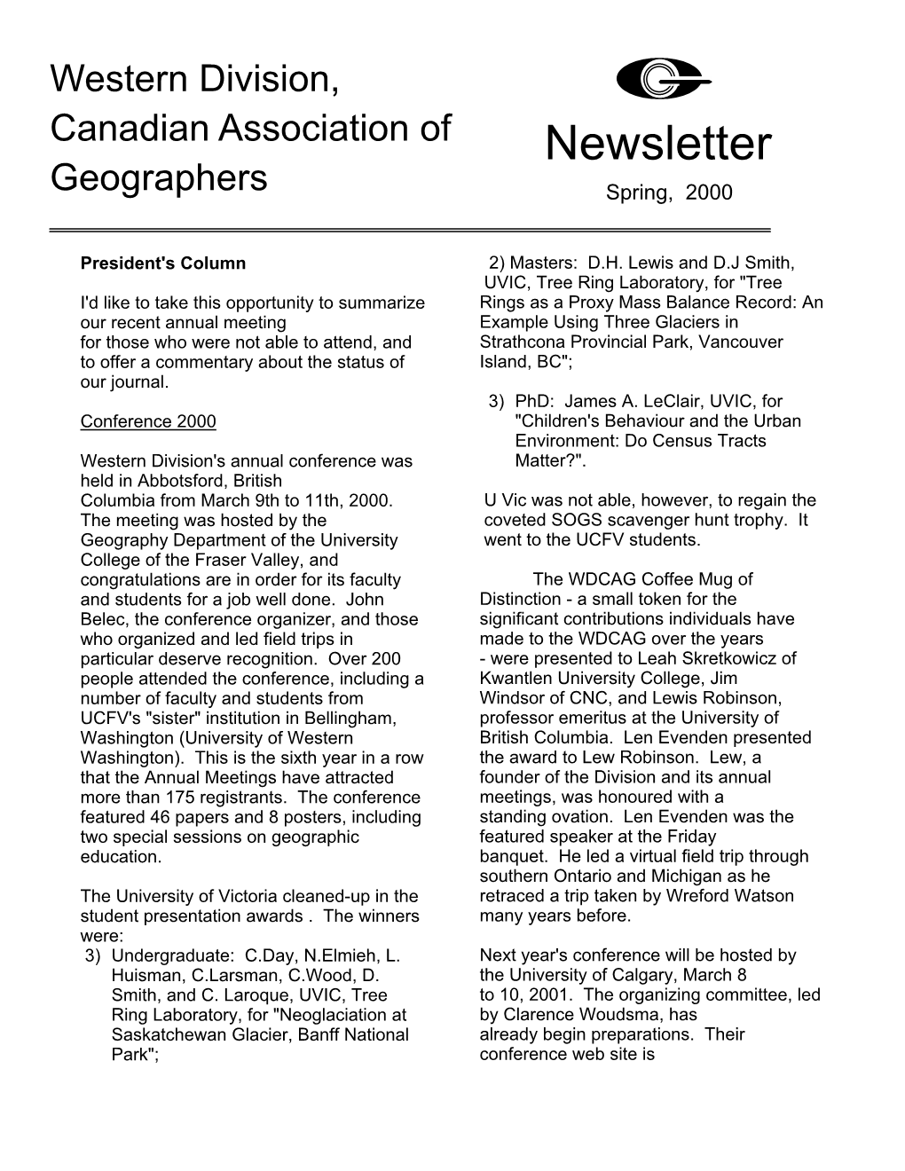 Newsletter Geographers Spring, 2000