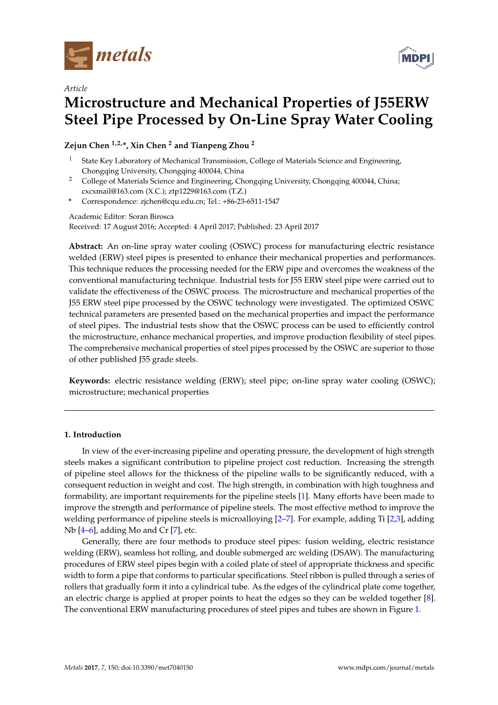 Microstructure and Mechanical Properties of J55ERW Steel Pipe Processed by On-Line Spray Water Cooling
