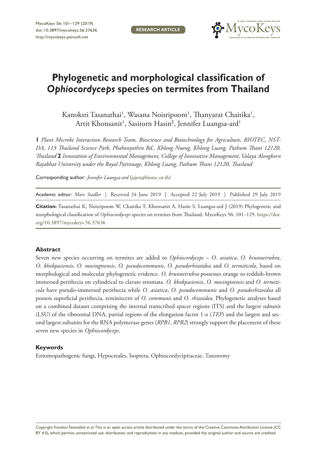 Phylogenetic and Morphological Classification of Ophiocordyceps Species on Termites from Thailand