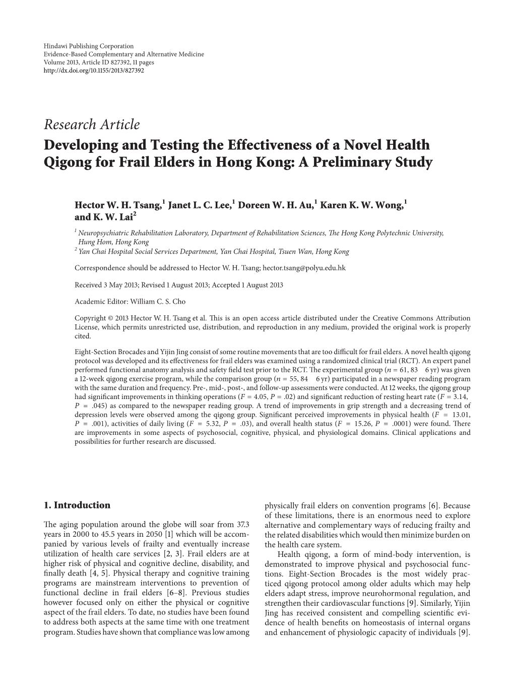 Developing and Testing the Effectiveness of a Novel Health Qigong for Frail Elders in Hong Kong: a Preliminary Study