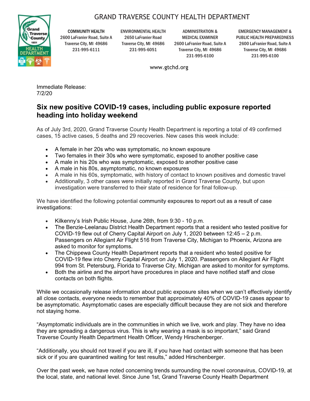 GRAND TRAVERSE COUNTY HEALTH DEPARTMENT Six New Positive COVID-19 Cases, Including Public Exposure Reported Heading Into Holiday