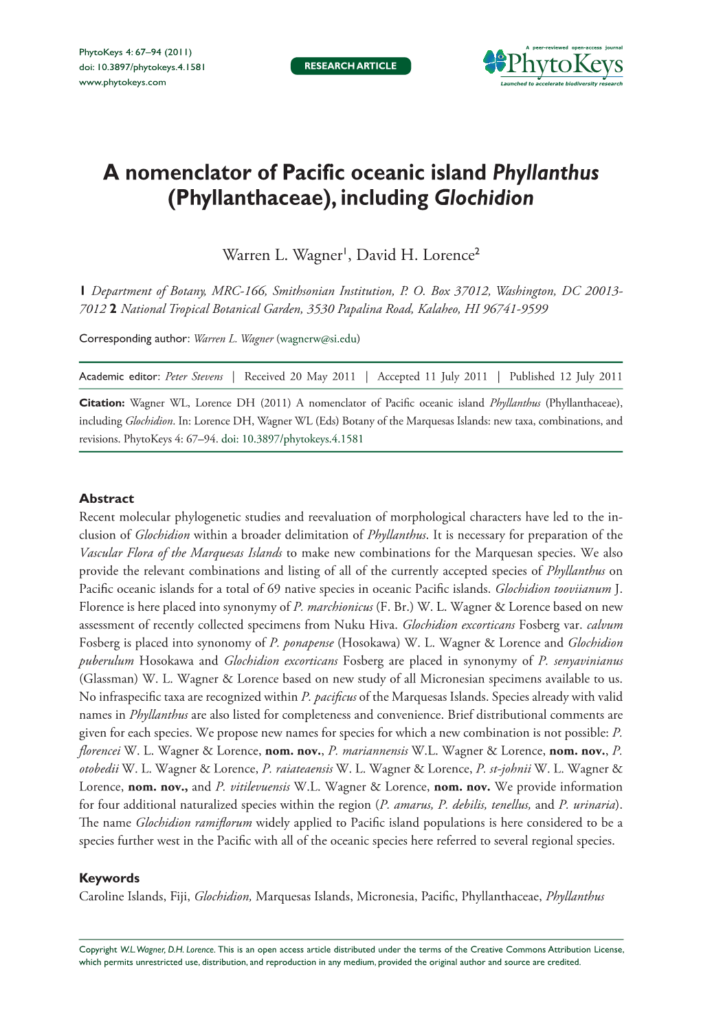 A Nomenclator of Pacific Oceanic Island Phyllanthus (Phyllanthaceae), Including Glochidion