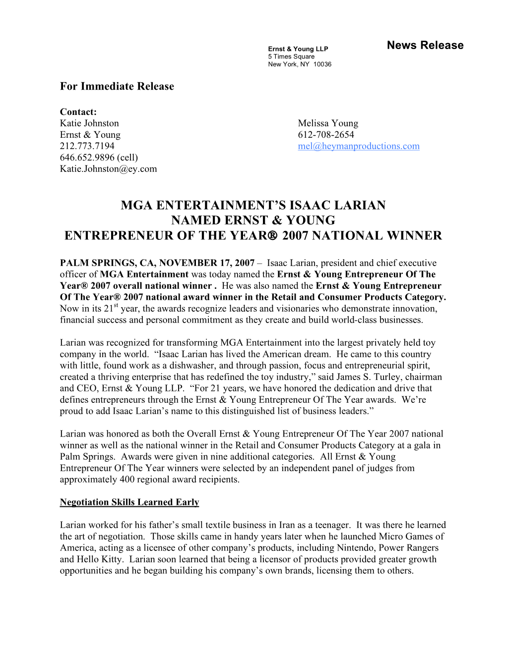 Mga Entertainment's Isaac Larian Named Ernst & Young