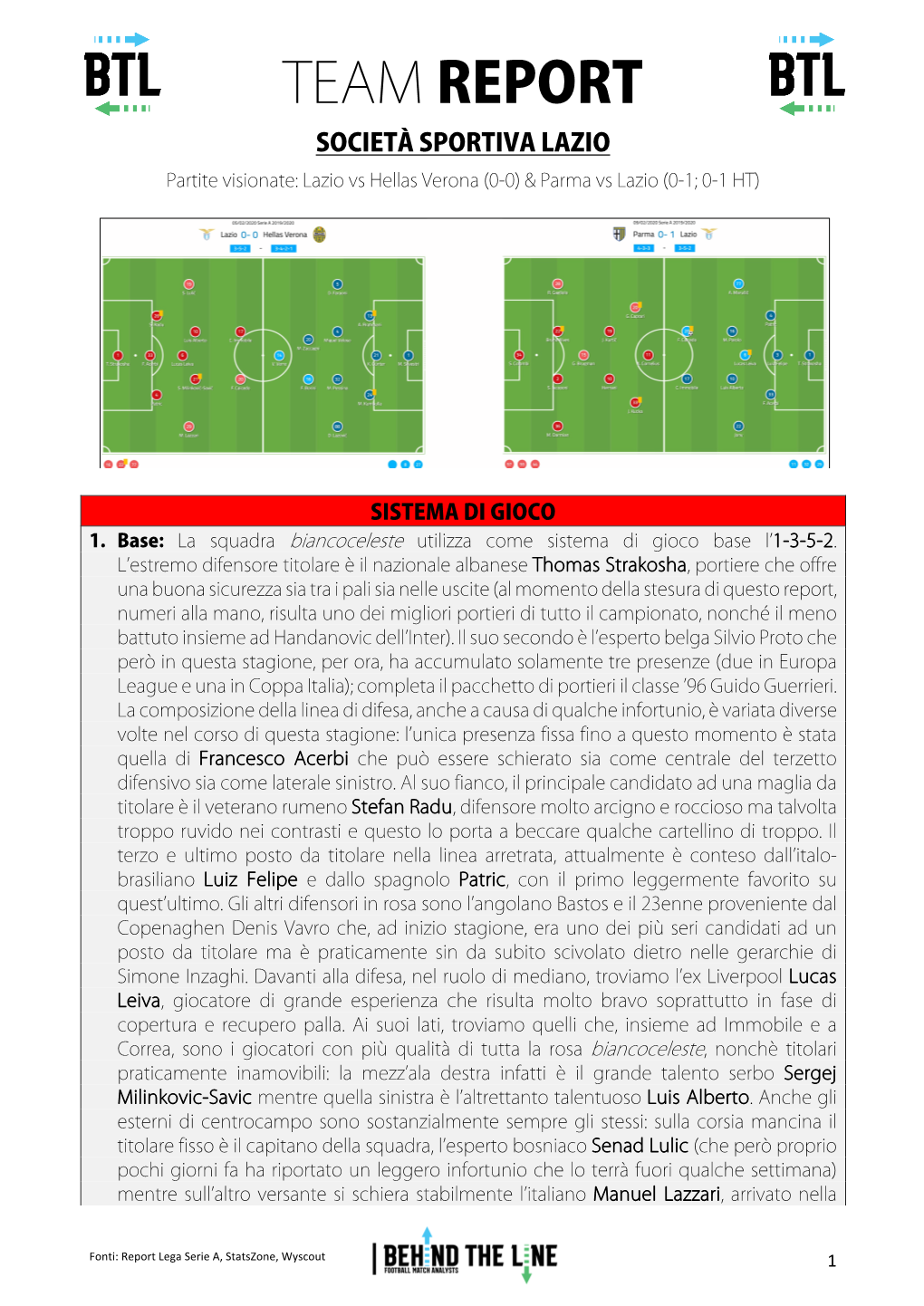 TEAM REPORT SOCIETÀ SPORTIVA LAZIO Partite Visionate: Lazio Vs Hellas Verona (0-0) & Parma Vs Lazio (0-1; 0-1 HT)