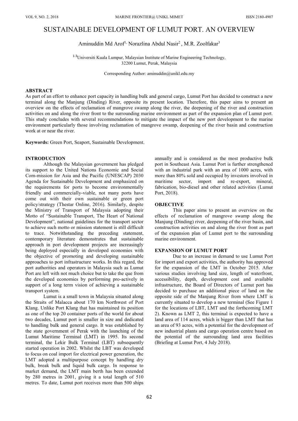 Sustainable Development of Lumut Port. an Overview