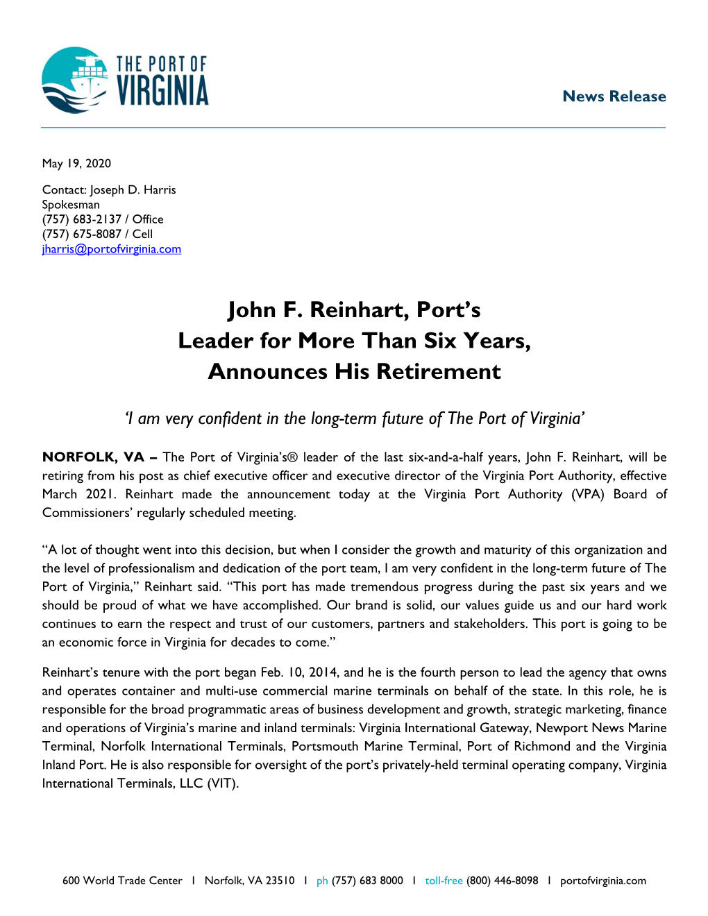 John F. Reinhart, Port's Leader for More Than Six Years, Announces