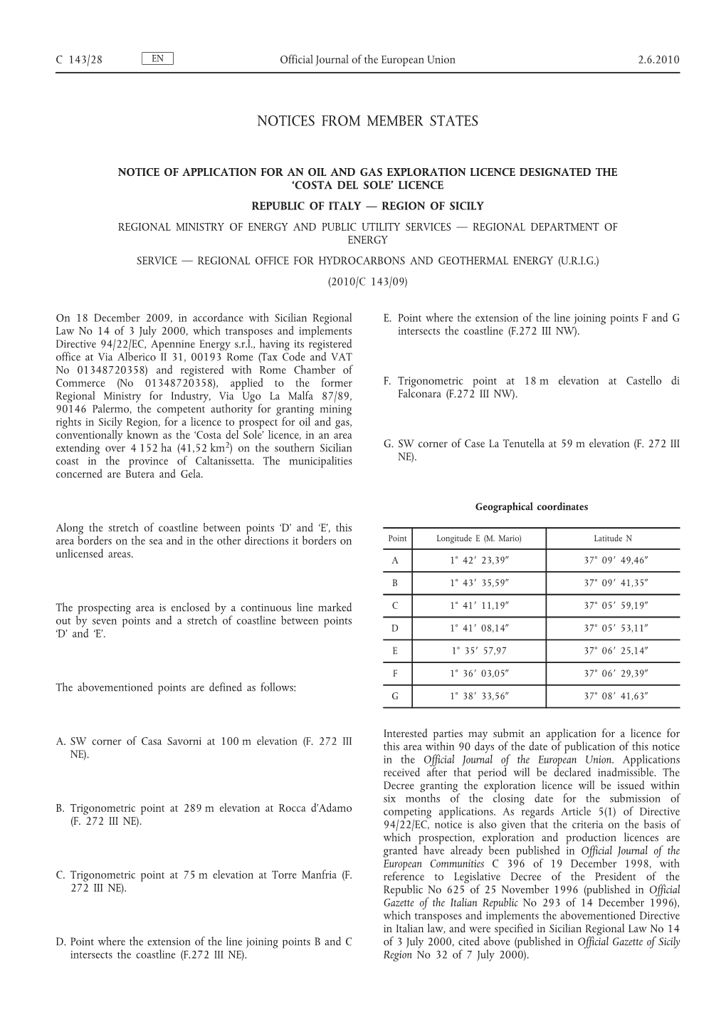 Notice of Application for an Oil and Gas Exploration Licence