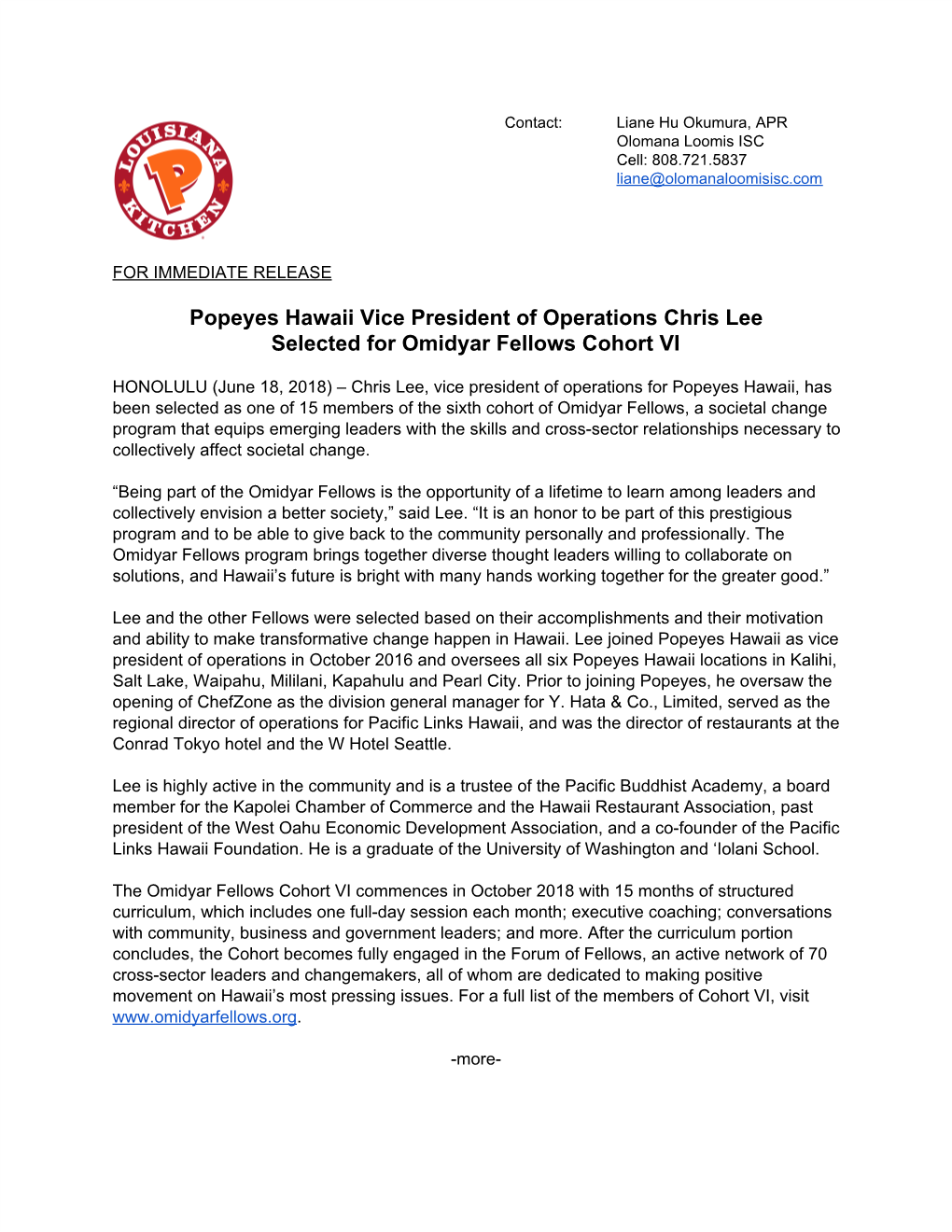 Popeyes Hawaii Vice President of Operations Chris Lee Selected for Omidyar Fellows Cohort VI