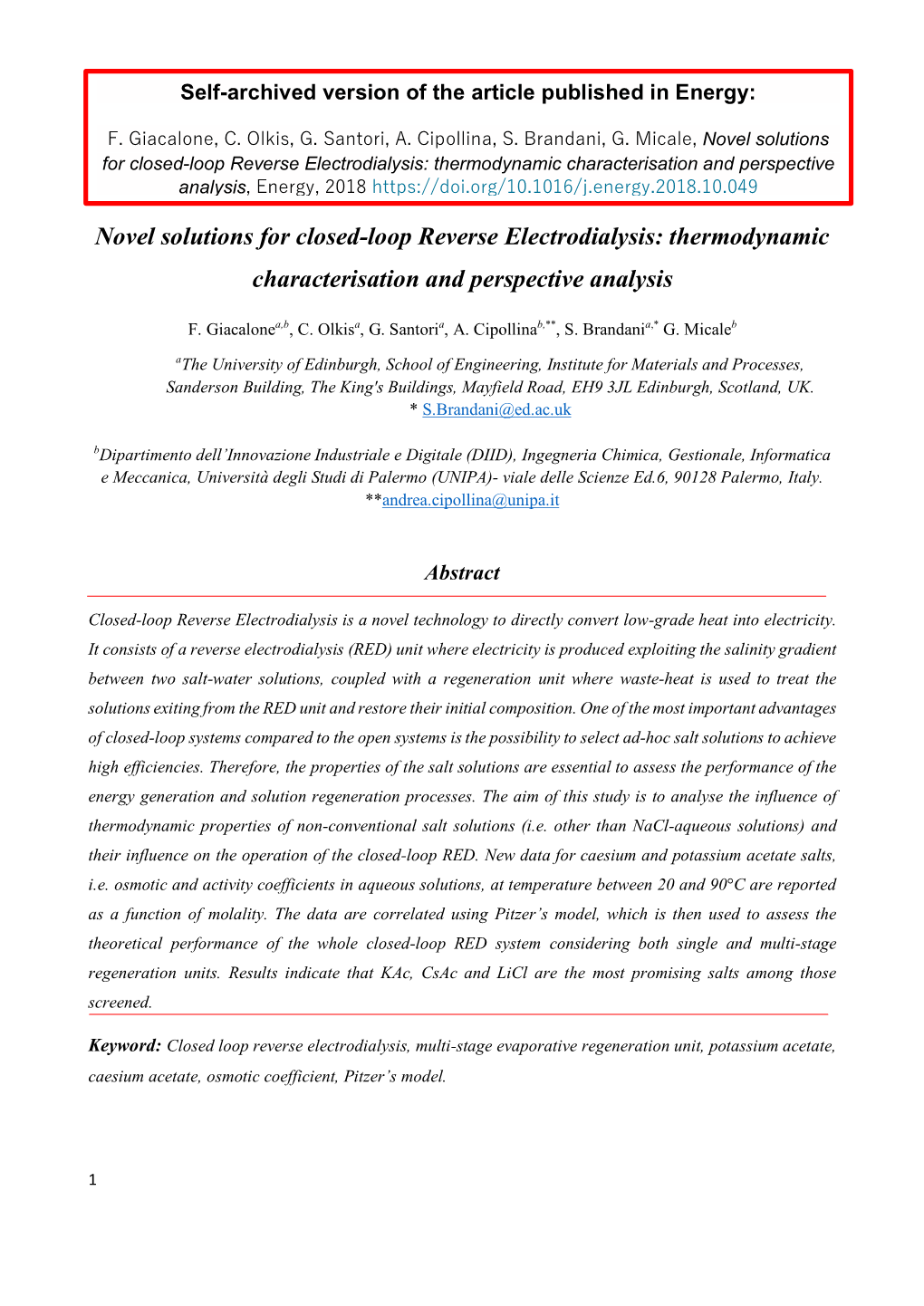 Novel Solutions for Closed-Loop Reverse Electrodialysis