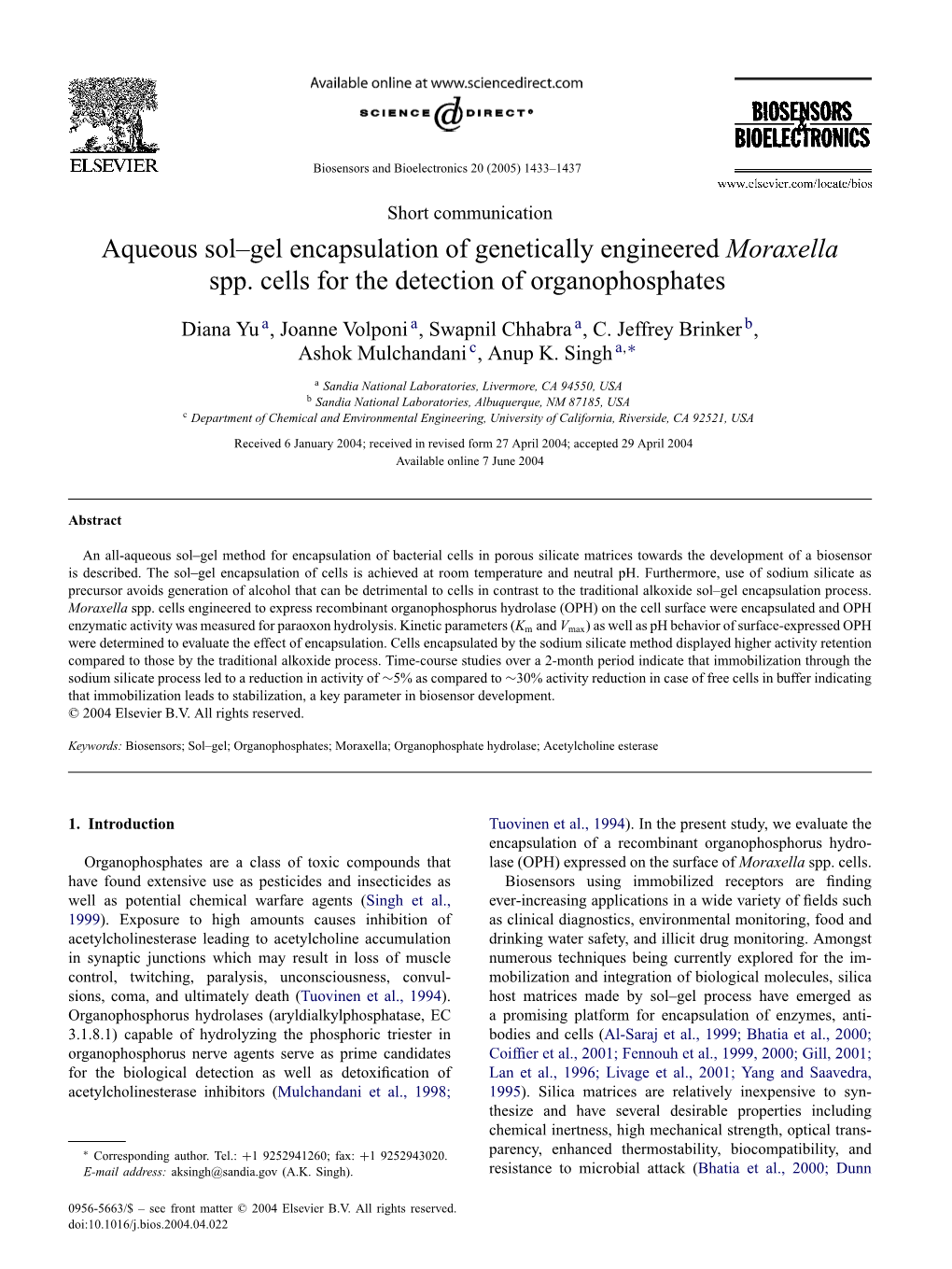 Aqueous Sol–Gel Encapsulation of Genetically Engineered Moraxella Spp