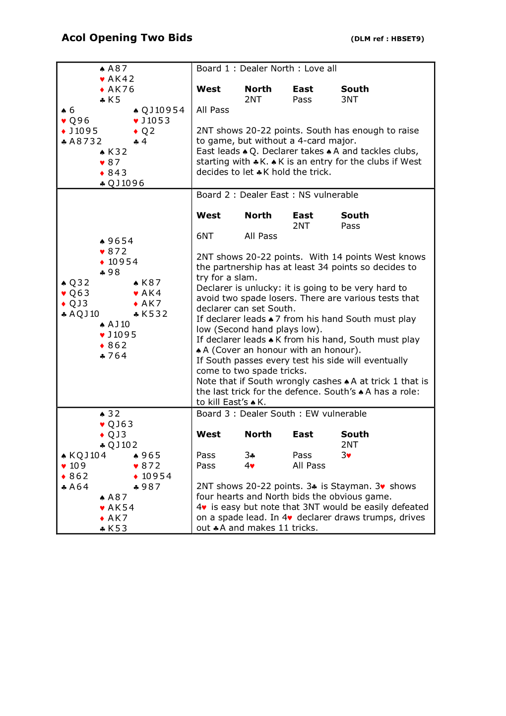 Acol Opening Two Bids (DLM Ref : HBSET9)