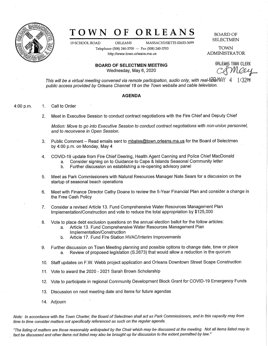 BOARD of SELECTMEN OFFICE of the TOWN AGENDA ACTION REQUEST ADMINSTRATOR Meeting Date: May 06, 2020