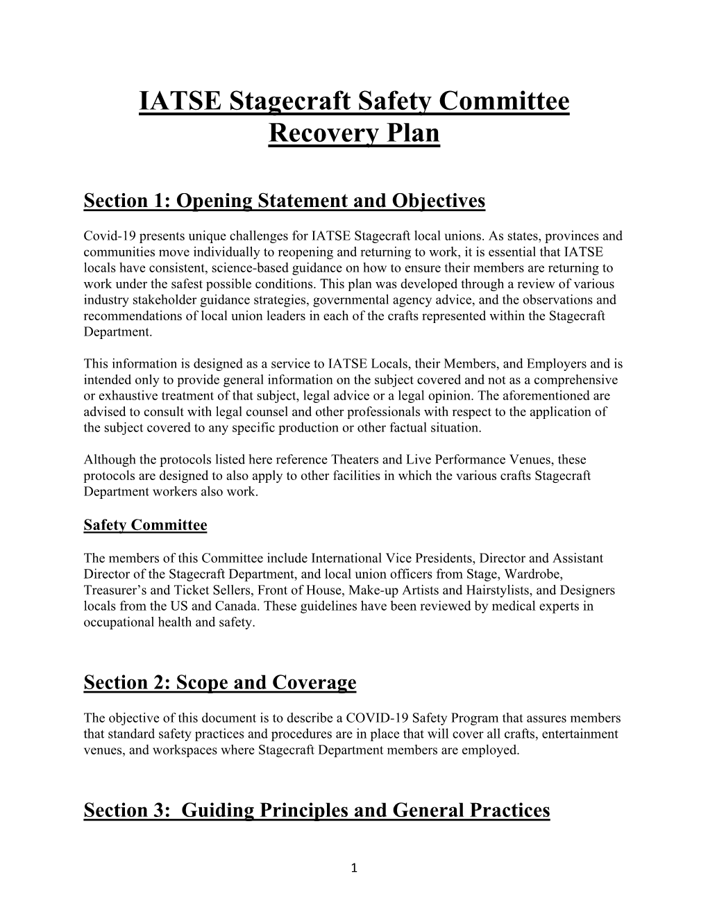 IATSE Stagecraft Safety Committee Recovery Plan