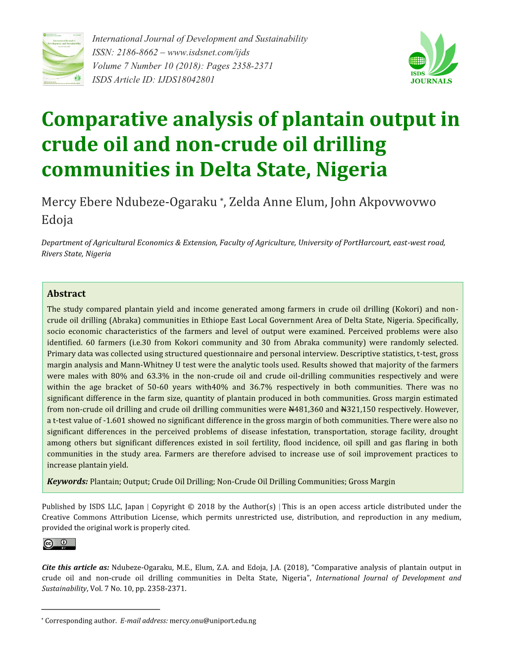 Comparative Analysis of Plantain Output in Crude Oil and Non-Crude Oil Drilling Communities in Delta State, Nigeria