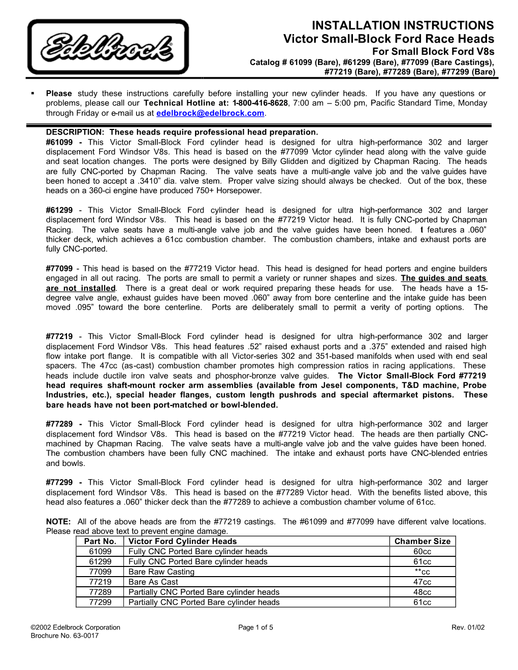 INSTALLATION INSTRUCTIONS Victor Small-Block Ford Race Heads