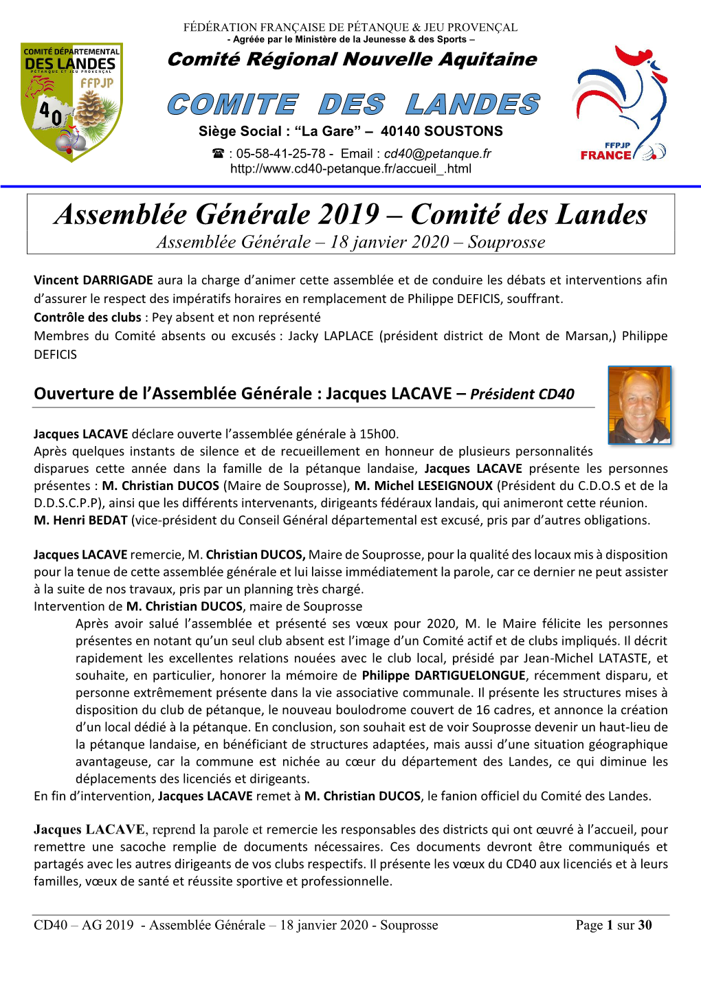 Assemblée Générale 2019 – Comité Des Landes Assemblée Générale – 18 Janvier 2020 – Souprosse