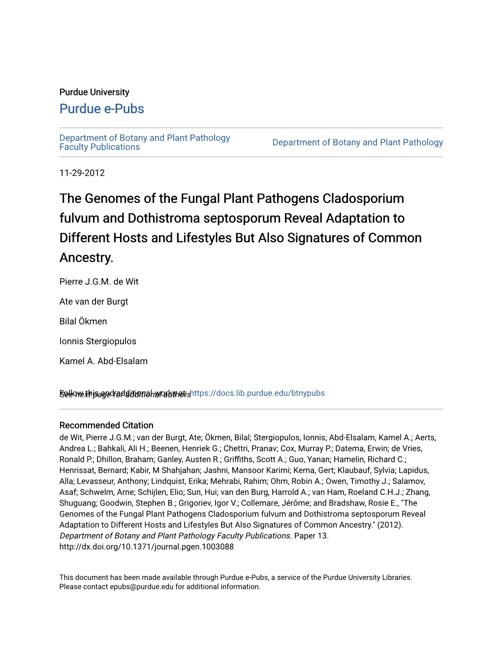 The Genomes of the Fungal Plant Pathogens