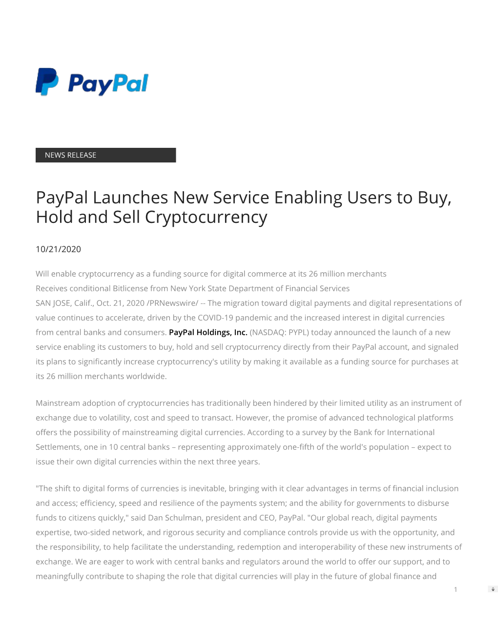 Paypal Launches New Service Enabling Users to Buy, Hold and Sell Cryptocurrency
